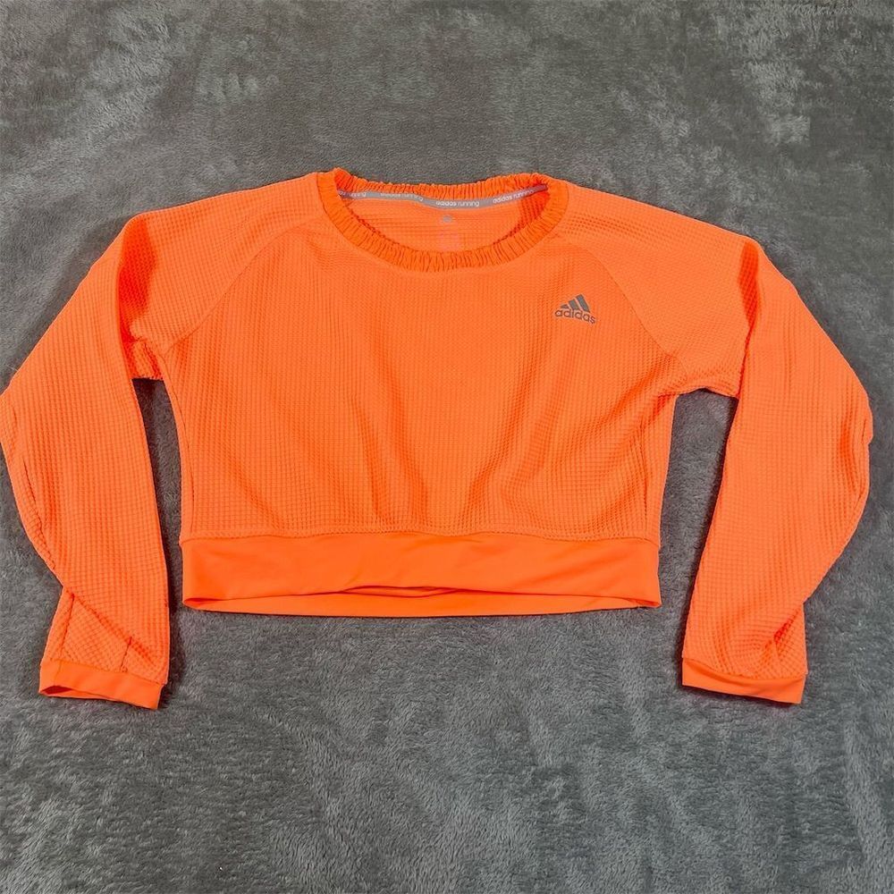 Adidas Women's Long Sleeve Shirt‎ Size M Orange Cropped Waffle Texture Casual